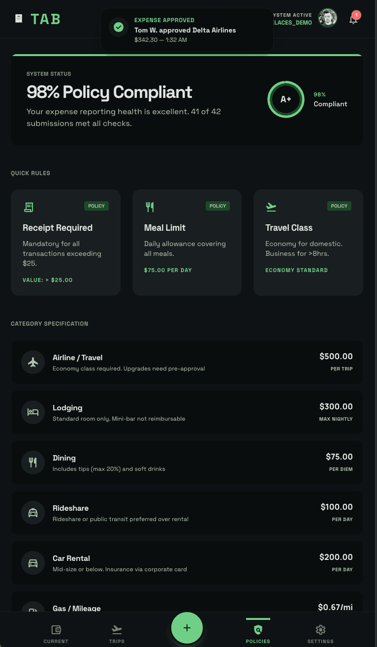 Tab app policies screen